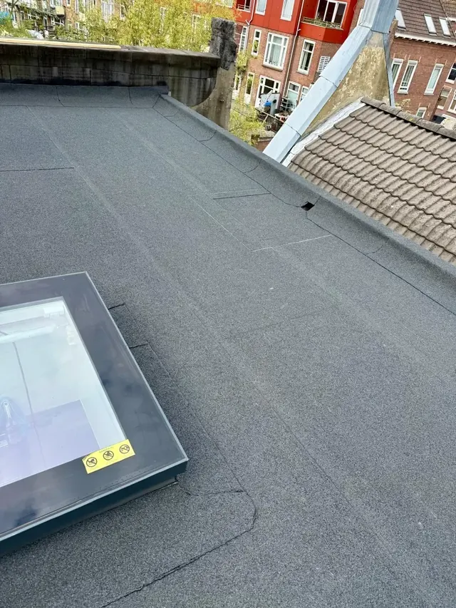 Dakvlak en opstanden — Bitumineuze dakbedekking met verhoogde randen en een lichtkoepel.